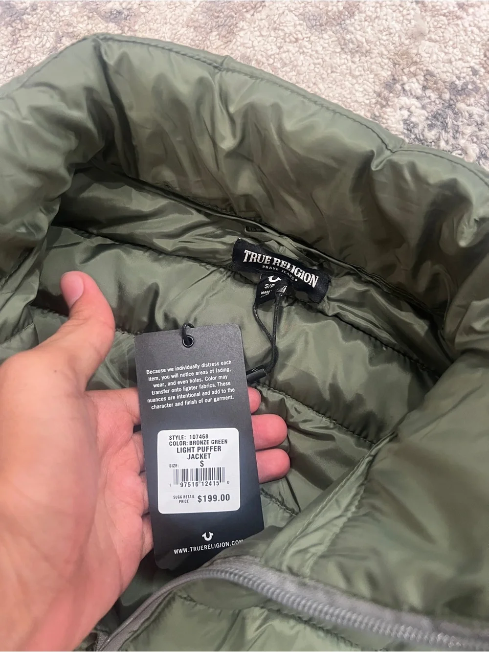 True Religion Men's Olive Green Quilted Packable Puffer Jacket